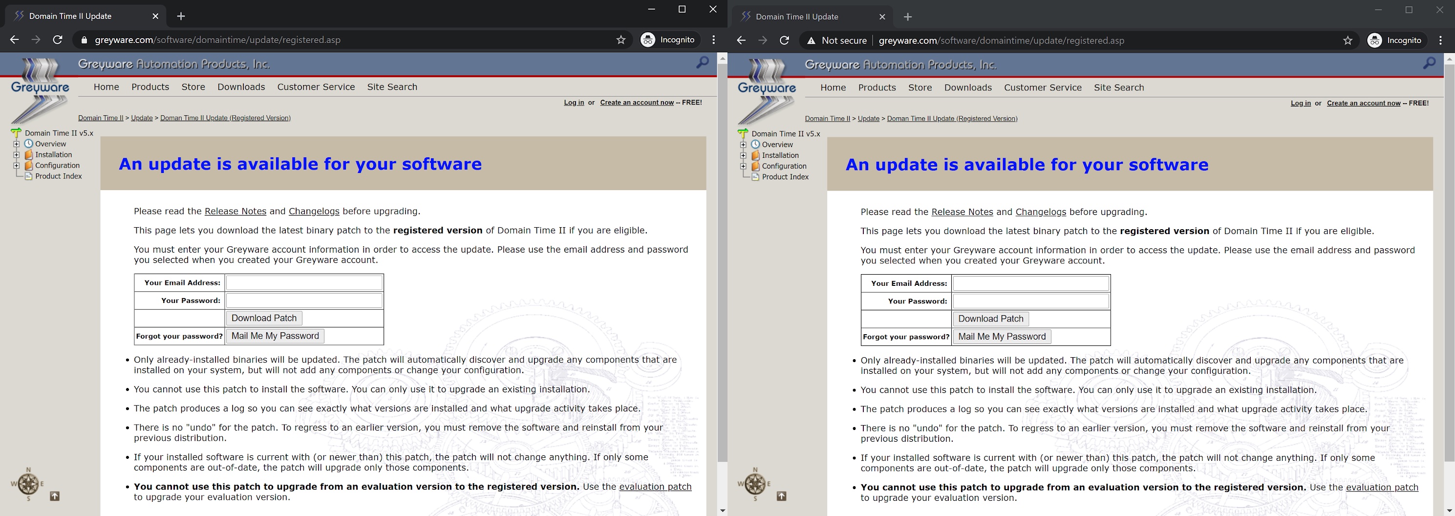 Greyware’s official update website (left) and the demonstration attack website (right)